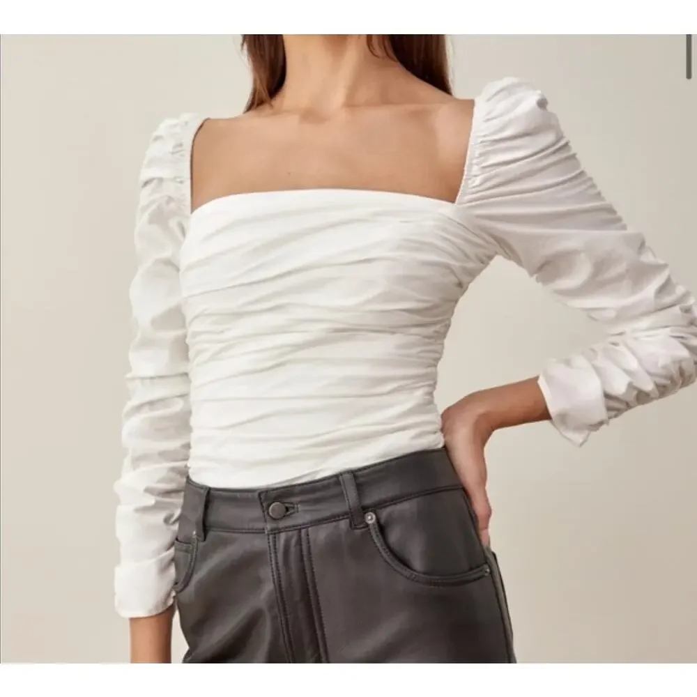 Reformation White Cotton Joi Puff Sleeve Blouse Top Size 12 Feminine Romantic